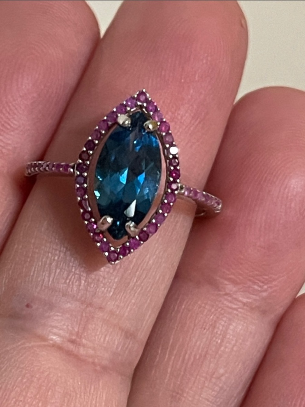 Natural London Blue Topaz Marquise Ring Pink Ruby Halo 925 Silver Size 6.5